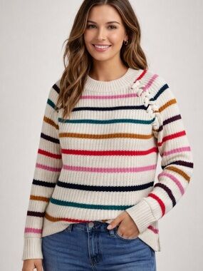 SO Cream Sweater with Multicolor Stripes and Side Knot Detail